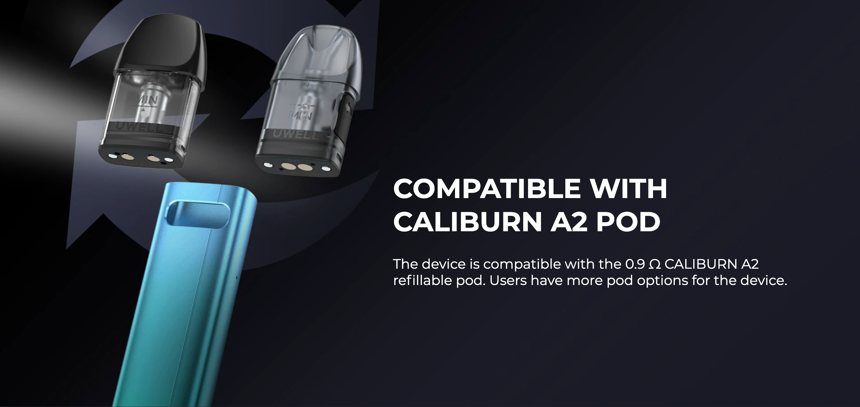 Uwell Caliburn A2S Pod Mod mavi gövde ve Caliburn A2 pod uyumluluğu.